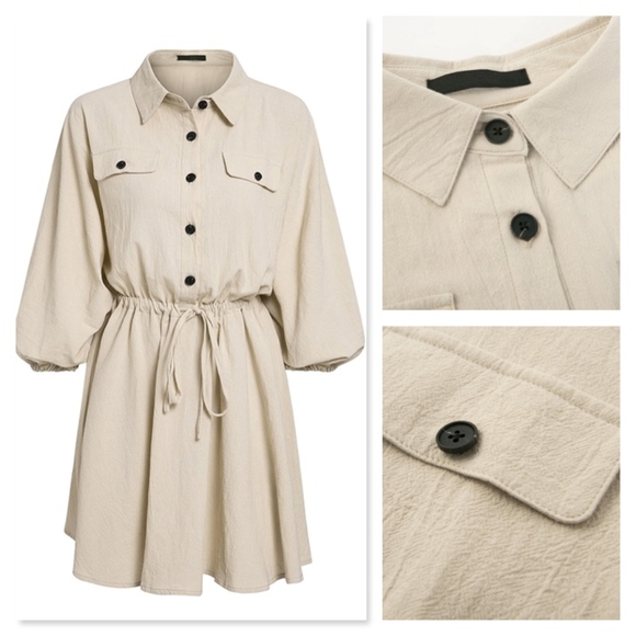 Drawstring Safari Beige Cotton Button Up Dress - Picture 6 of 10